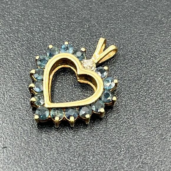 10K Yellow Gold 2g Blue Spinel Diamond Accent Signed Vintage Heart Pendant - Picture 5 of 13